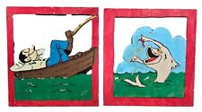 Vintage 1950s Funny Fisherman 2pc Handcrafted Wood Wall Plaques Comics picture