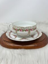 Antique MZ AUSTRIA Teacup And Saucer Pink Floral Ribboned Set 1884-1909 picture