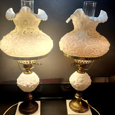 2 Vtg Fenton White Milk Glass Poppy Lamps Marble Base Ruffle Shade Italy READ picture