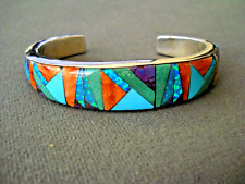 Colorful WHITE ROCK Southwestern Multi-Stone Inlay Sterling Silver Bracelet picture
