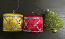 VINTAGE Drums Bell Xmas Silk Satin Wrapped Glitter Christmas Ornaments 3 Lot Set picture