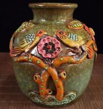 Retro antique crafts collection porcelain blue glaze  flower bird jar ornaments picture