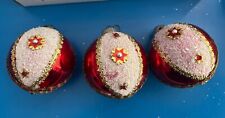 Vintage Lot 3 Christmas Ball Ornaments Red Sugared Frosted GREAT CONDITION LOOK picture