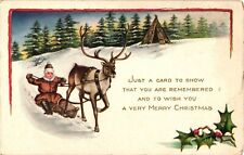 1916 Boy Rides Sled Deer VERY MERRY CHRISTMAS Antique Embossed Postcard picture