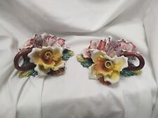 Capodimonte Porcelain Pink And Yellow Rose Flower Candle Holder Set Of 2 picture