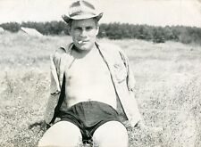 Shirtless Handsome young man smoking bulge beach trunks gay vtg photo picture