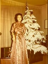 AxB) Found  Photograph 1960's Pretty Woman Posing Flocked White Christmas Tree picture