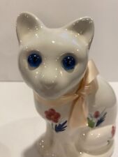 Vintage ELPA Alcobaca White Ceramic Cat Blue Eyes Hand Painted Flowers Portugal picture