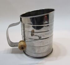 Excellent Vintage 1990's 3 Cup Measuring Hand Crank Tin Flour Sifter w Wood Knob picture