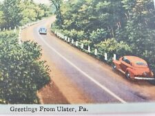 C 1940s Greetings From Ulster PA Old Cars Highway Vintage Linen Postcard  picture