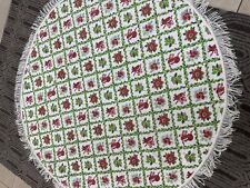 Vintage Christmas Holiday Cotton Tablecloth bells holly  MCM Fringe 60” Round picture