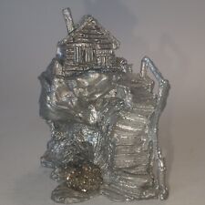 Vtg 92 Artist Signed Bouvier Pewter Cabin On Hill With Stairs & Pyrite Nugget picture