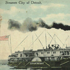 Vtg Postcard 1910 Steamer City of Detroit Open Water Steam Billowing US Flag  picture