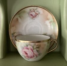 Vintage Royal Rudolstadt Prussia Teacup and Saucer with Pink Roses picture