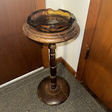 Vintage Wooden Cigar Ashtray Stand Footed Standing w/ Unique Amber Glass Ashtray picture