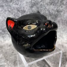 Vintage Black Cat Smoking Head Open Mouth Pottery Ashtray Eyes Made In Japan picture