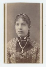 Antique Trimmed CDV Circa 1870s Stunning Woman Wearing Beautiful Locket & Dress picture