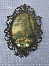 1-Vintage Italy Ornate Antique Brass Wall 8.5 x6  Frame w/4 x 6 herding Sheep picture