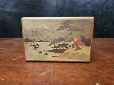 Vintage Japanese Inlaid Wooden Puzzle Box Mt. Fuji Scene Floral Marquetry Japan picture