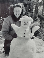 Ui Photograph Pretty Young Woman Eyes Closed Posing WIth Snowman 1950's  picture