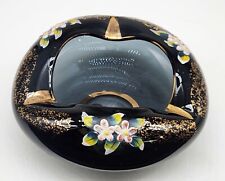 Vintage Black  Glass Ashtray. Hand Made, Hand Blown. Made In Japan. Embossed. picture
