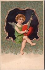 c1910s VALENTINE'S DAY Embossed Postcard Angel Cherub / Heart Guitar Mandolin picture