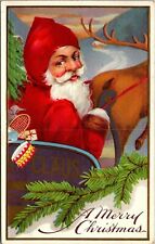 Merry Christmas Postcard~Santa Claus in Sleigh~Reindeer~Embossed~Posted c1916 picture
