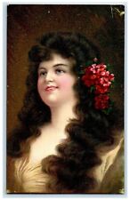 c1910's Pretty Woman Curly Long Hair Flowers Unposted Antique Postcard picture