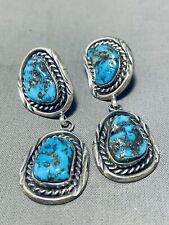 EXQUISITE VINTAGE NAVAJO 4 MORENCI TURQUOISE STERLING SILVER EARRINGS picture