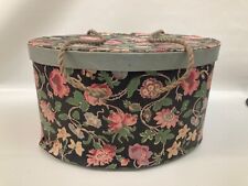 Vintage Pink Green Floral Oval Sewing Notions Box Keepsake Basket Rope Handles picture