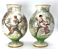 Antique Pair St. Denis French Porcelain Hand Painted Lovers Perched Tree Vases picture