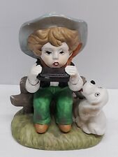 Ceramic Bisque Figurine Boy Sitting on Fence Playing Harmonica Singing w/ Dog picture