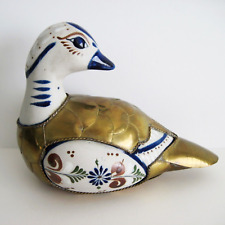 Vintage Tonala Mexican Pottery Duck Bird Figurine Armored Brass picture