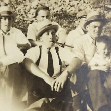 Vintage Sepia Photo Young Men Group Sitting Outdoors Neckties Hats Suspenders  picture