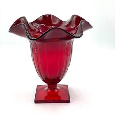 Vintage Handblown Cranberry Red Ruffle Flared Rim Paneled Footed Vase 6
