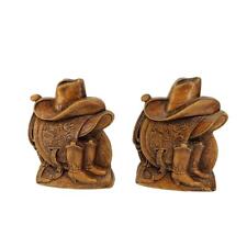 Vintage 50s Syroco Wood Cowboy Hat Boots Saddle Bookends USA picture