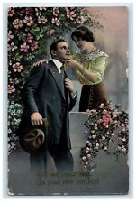c1910's Couple Dress Up Flowers Gel Gold Gilt Embossed Posted Antique Postcard picture