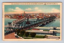 Rock Island IL-Illinois Government Bridge And Roller Dam Vintage c1937 Postcard picture