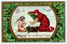 c1910's Christmas Angel And Woman Berries Embossed Dundee Michigan MI Postcard picture