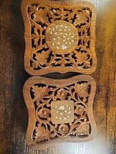 Hand Carved Wood Inlay Pair Of Trivets, Made In India,  picture