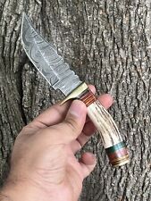CUSTOM MADE  DAMASCUS STEEL SKINNING KNIFE STAG ANTLER HANDLE HUNTING picture