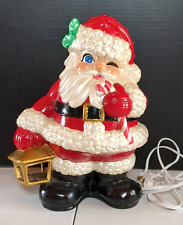 LIT Vintage Christmas Ceramic Santa Claus Winking Lantern & Candy Cane Tree RARE picture