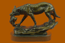 signed Barye Wolf with Cub Bronze Sculpture Statue Marble Base Figurine art Gift picture