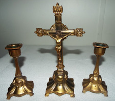 VINTAGE 3 PC. GOLD ALTAR SET WITH CRUCIFIX READ picture