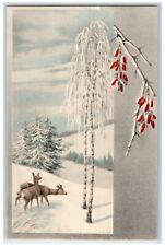 c1910's Ulreich Art Munk Deer Pine Trees Covered Winter Snow Scene Postcard picture