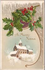 Vintage MERRY CHRISTMAS Embossed Postcard Church Scene / Holly - 1910 Cancel picture