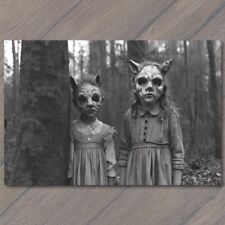 POSTCARD Eerie Forest Encounter Mysterious Horned Masked Children Woods Dress picture