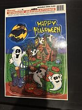 VTG HAPPY HALLOWEEN HAUNTED HOUSE W/WITCH, GHOSTS, BLK CAT & PUMPKINS picture