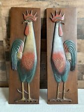 Vintage MCM Arabesque Burwood Rooster Chicken Wall Art Pair 24”x8” Surface Crack picture
