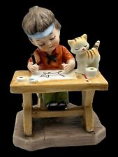 Vtg Lefton Boy At Desk Painting Cat Ceramic Figurine Bisque Figure 4.25